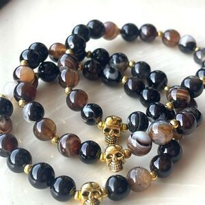 Coffee agate beaded bracelet ONE NEW stretch skull reiki yoga meditation